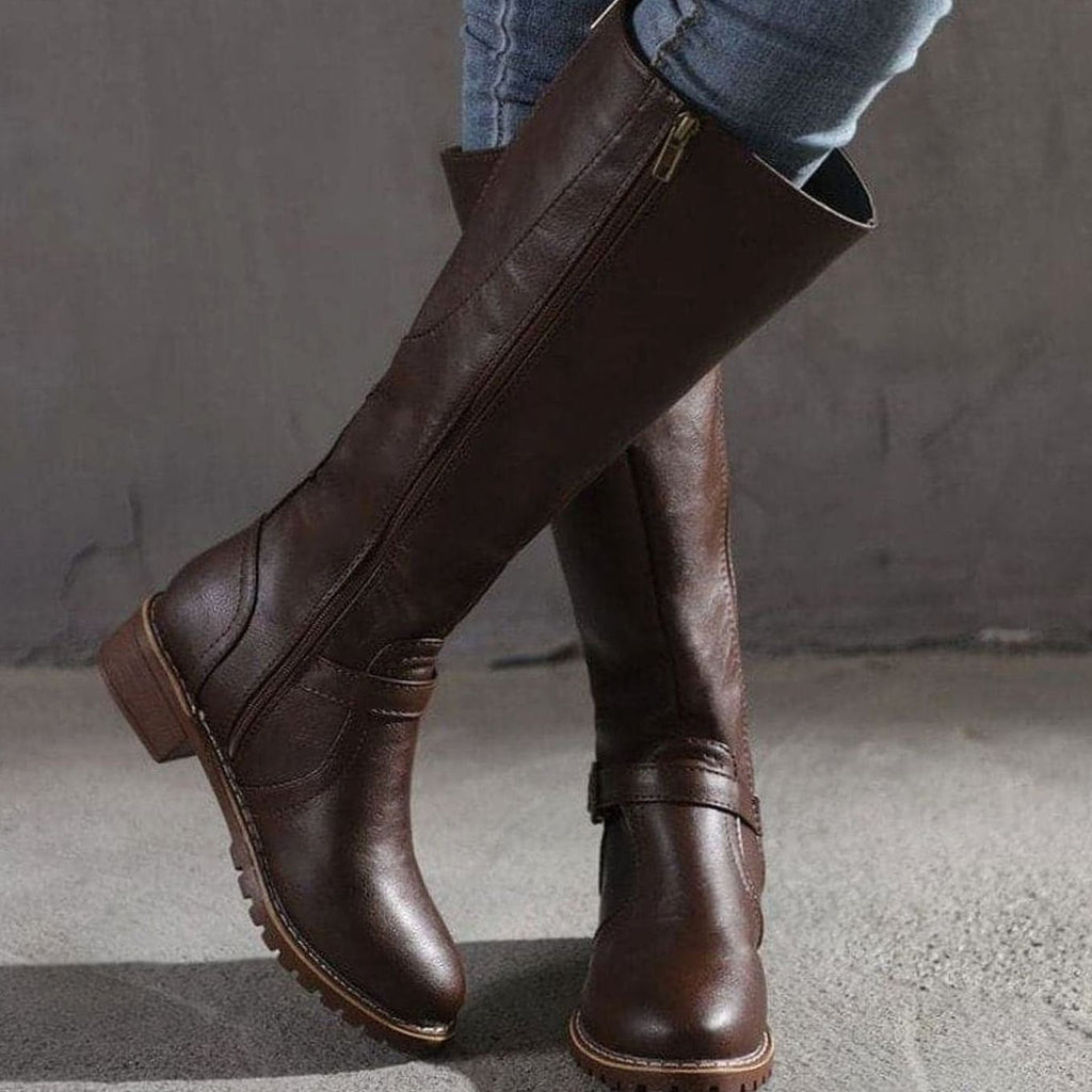 Women's Faux Leather Knee High Boots with Buckle Strap Detail