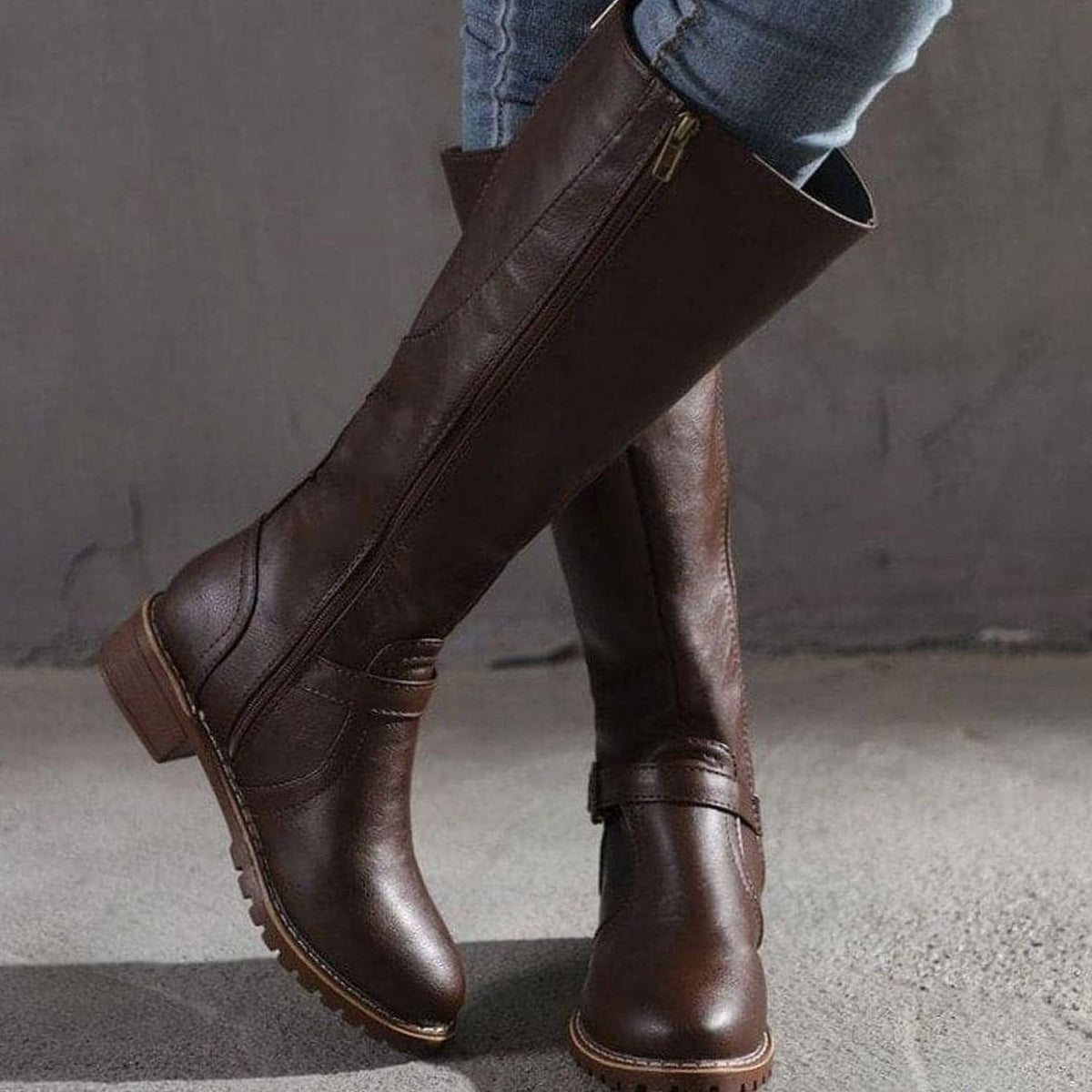Women's Faux Leather Knee High Boots with Buckle Strap Detail