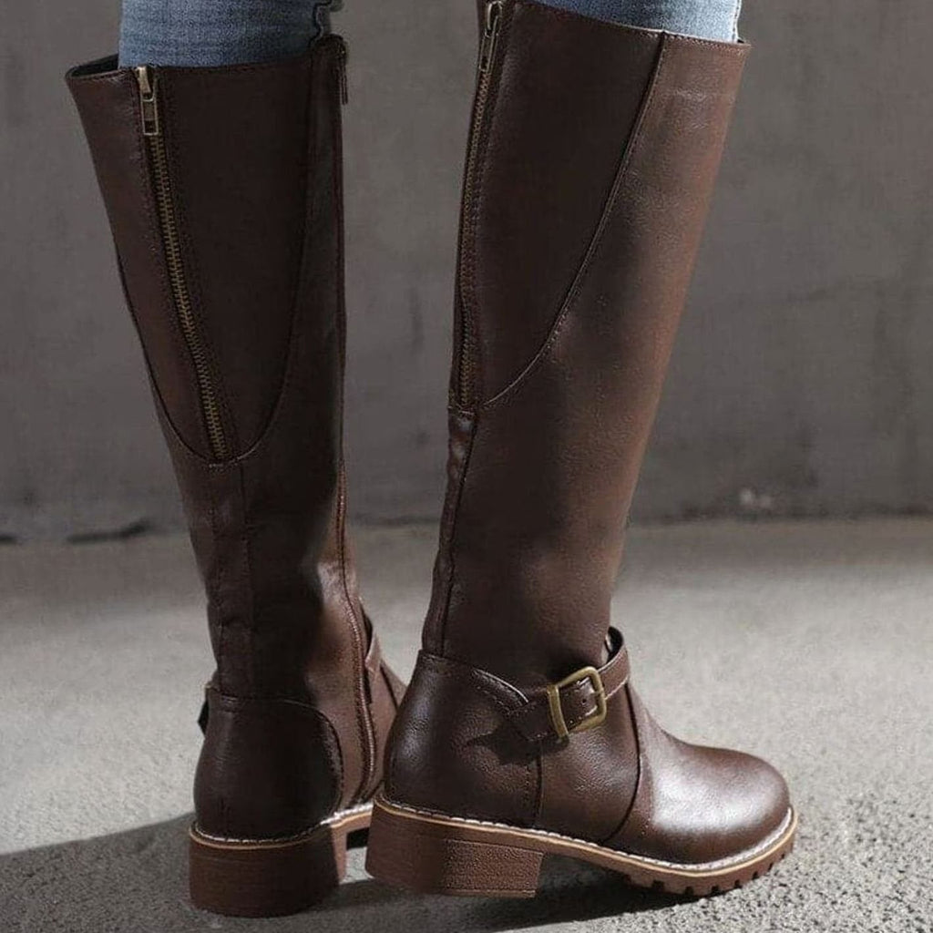 Women's Faux Leather Knee High Boots with Buckle Strap Detail