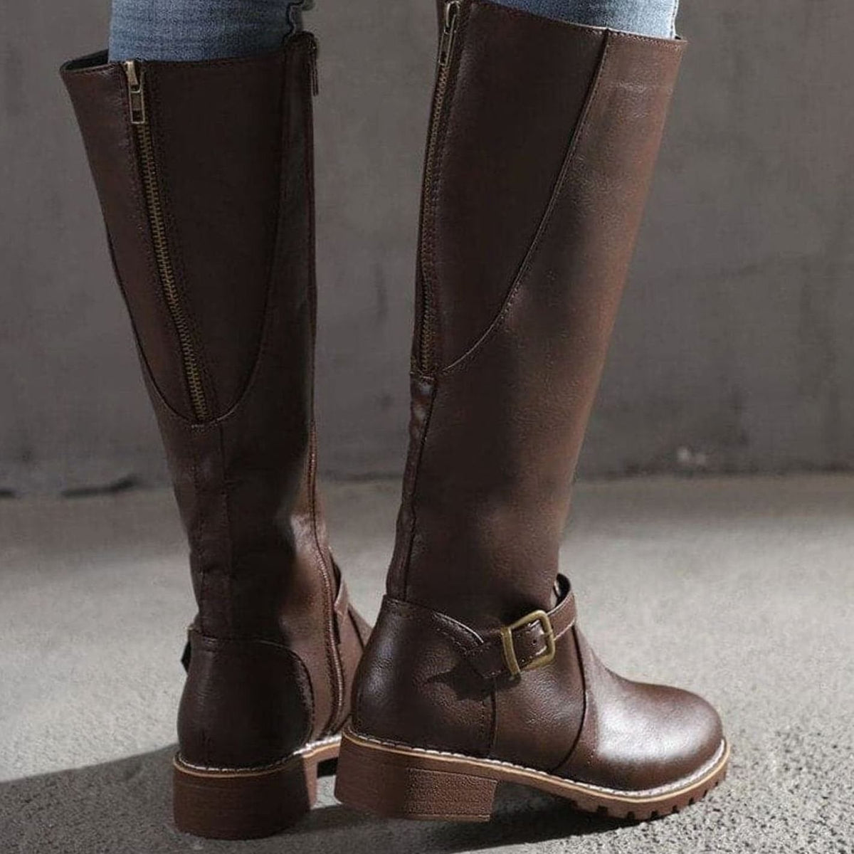 Women's Faux Leather Knee High Boots with Buckle Strap Detail