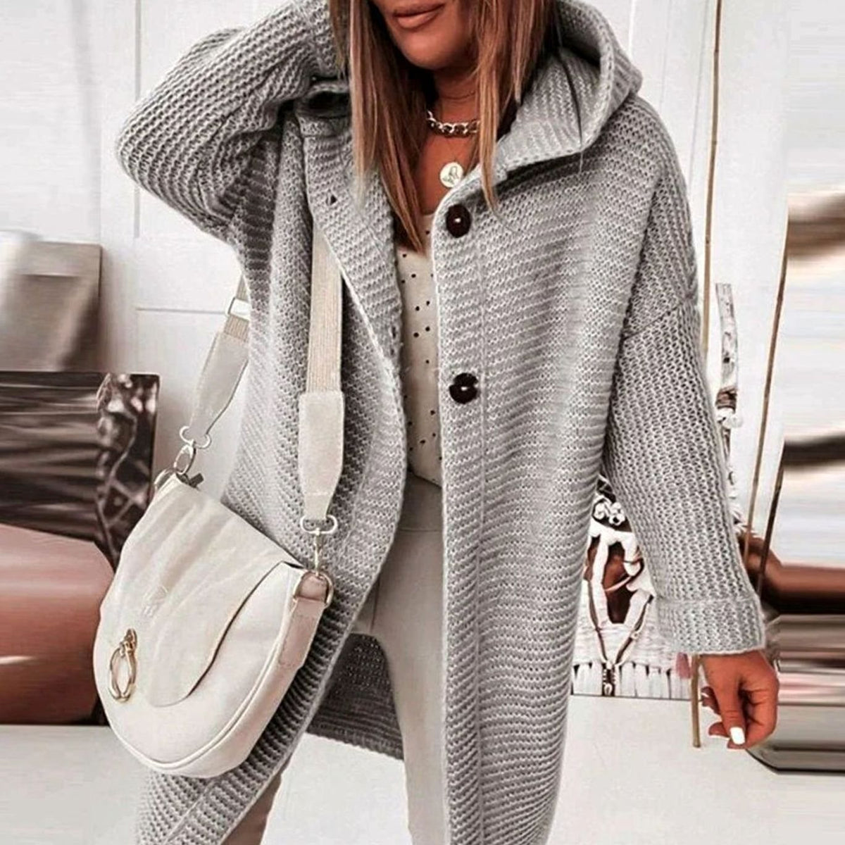 Women's Chunky Knit Toggle Button Hooded Coat Cardigan