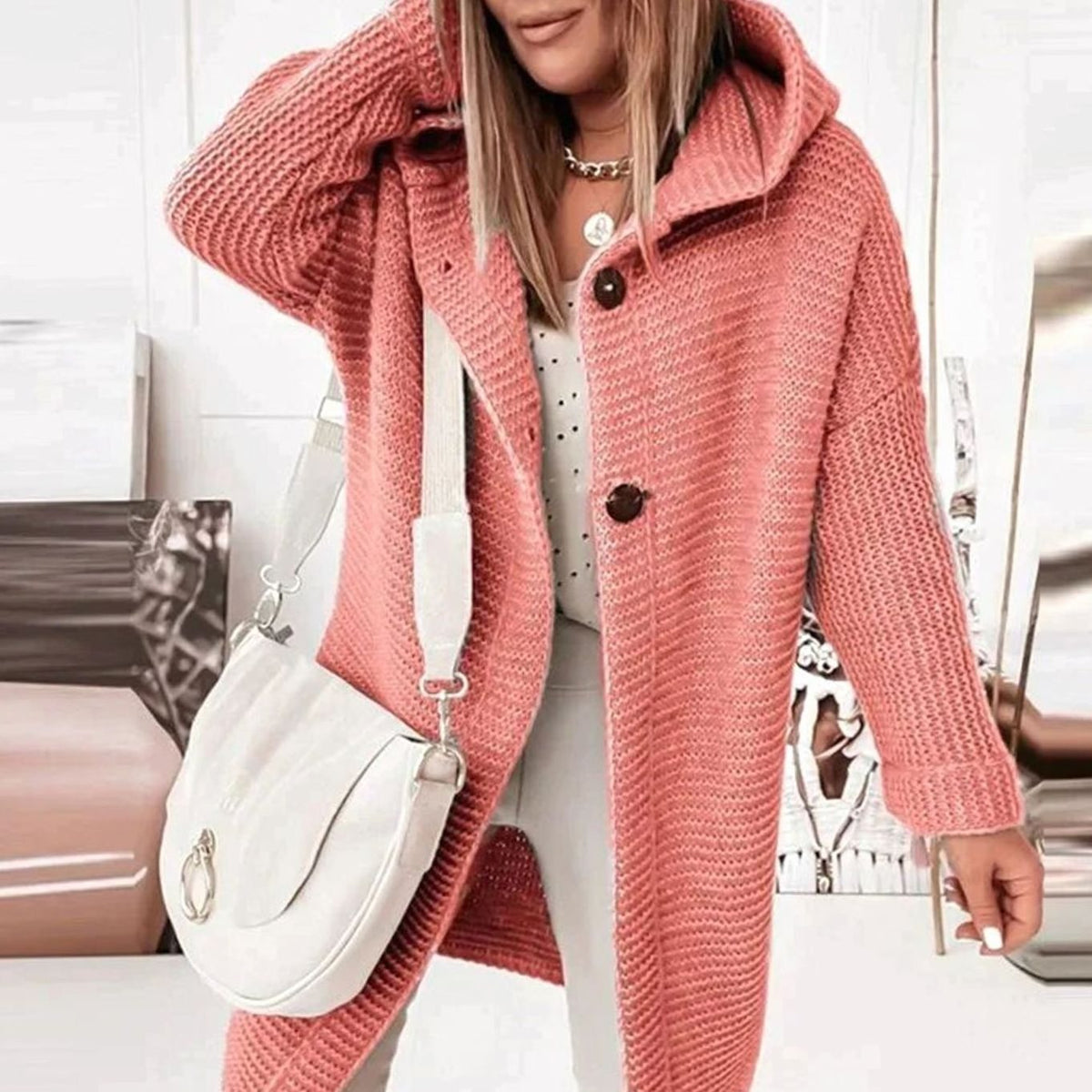 Women's Chunky Knit Toggle Button Hooded Coat Cardigan