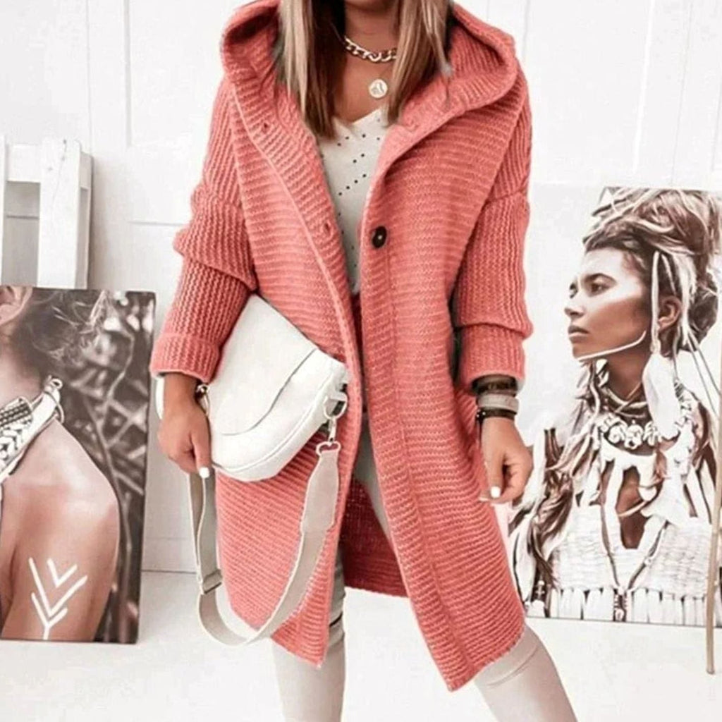 Women's Chunky Knit Toggle Button Hooded Coat Cardigan