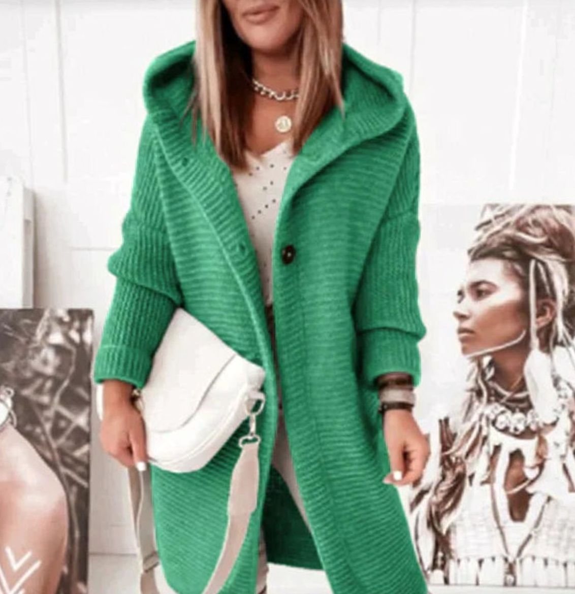 Women's Chunky Knit Toggle Button Hooded Coat Cardigan