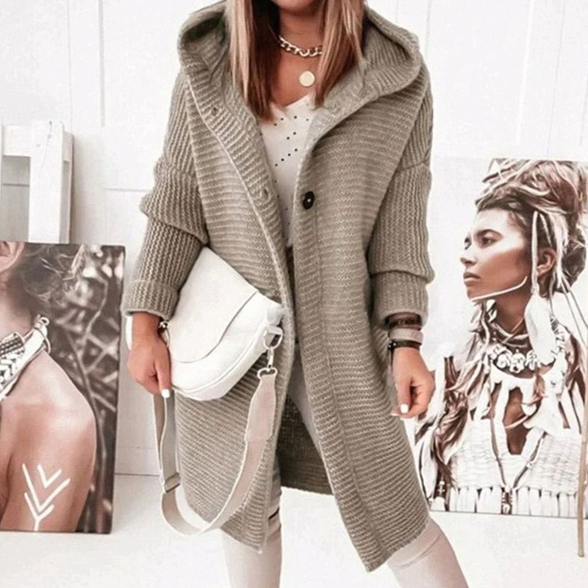 Women's Chunky Knit Toggle Button Hooded Coat Cardigan
