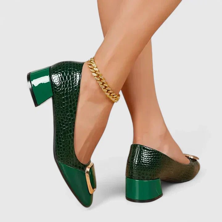 Women's Glossy Croc-Embossed Patent Block Heel Loafers