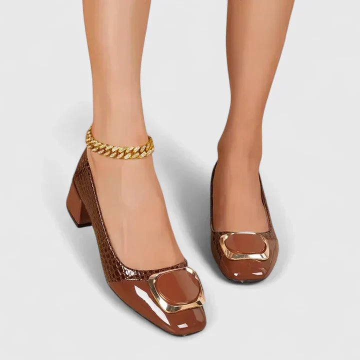Women's Glossy Croc-Embossed Patent Block Heel Loafers
