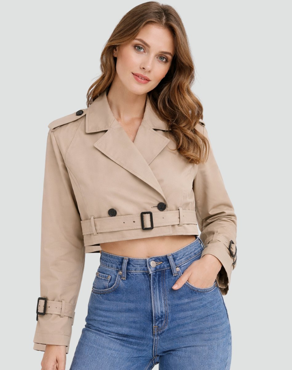 Women's Short Belted Double-Breasted Trench Overcoat