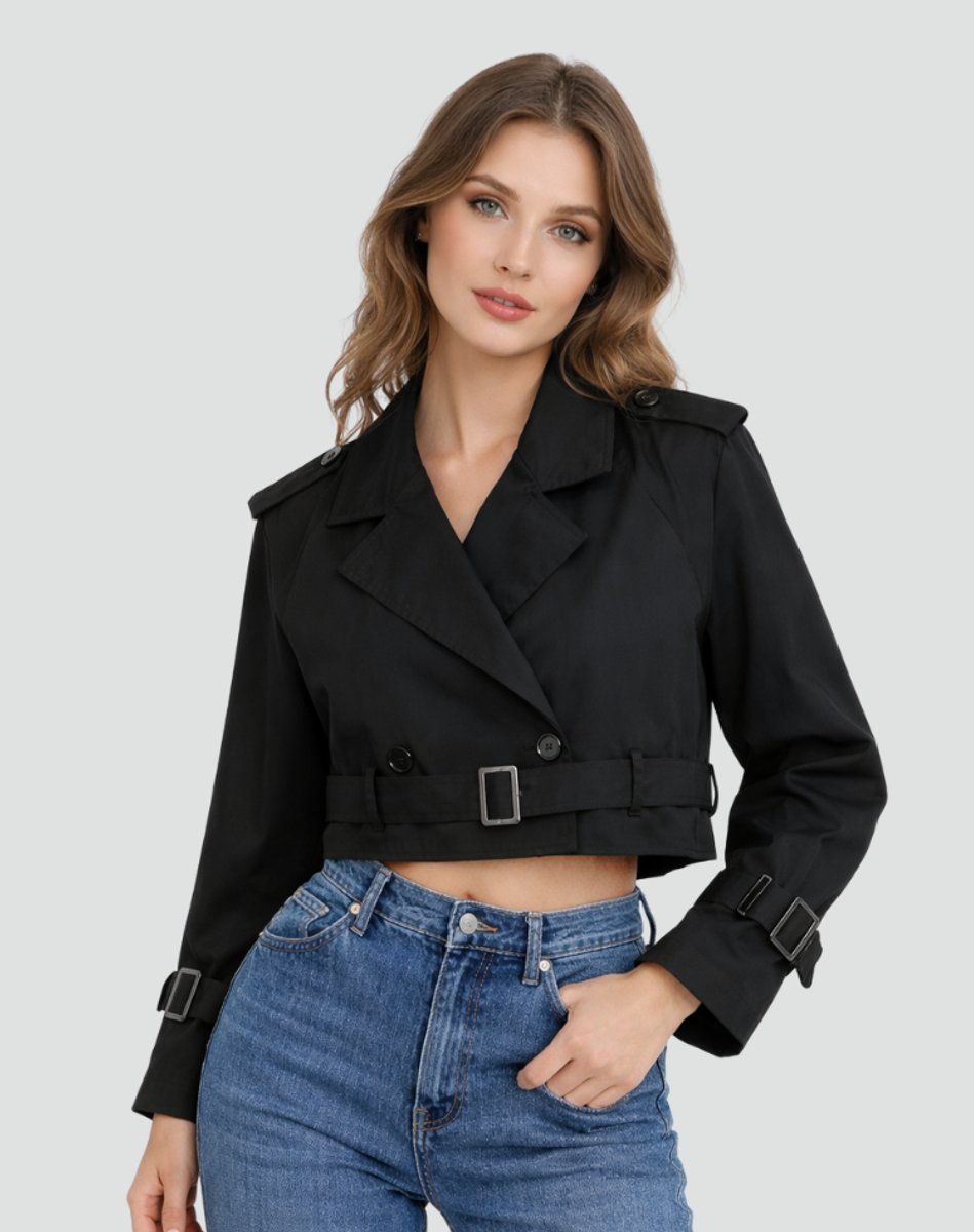 Women's Short Belted Double-Breasted Trench Overcoat