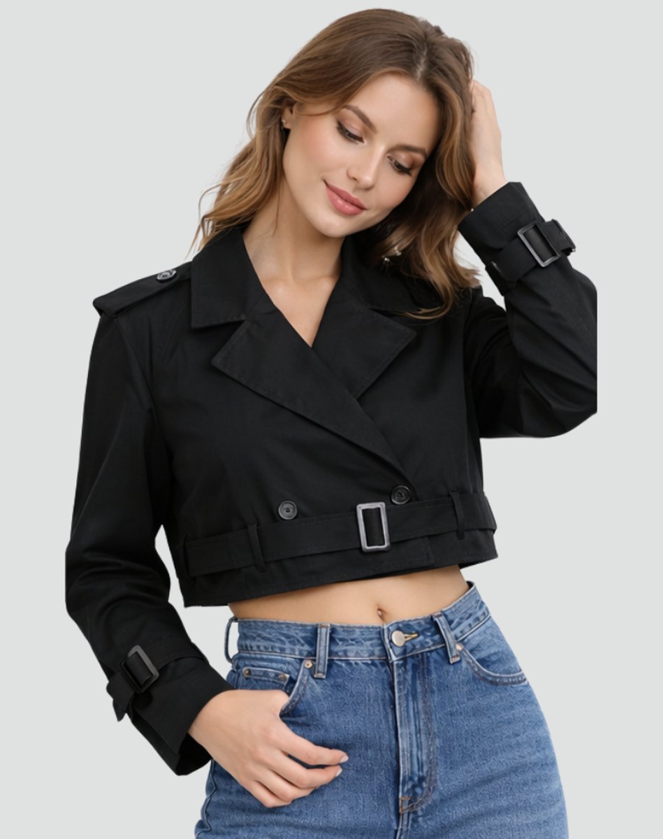 Women's Short Belted Double-Breasted Trench Overcoat
