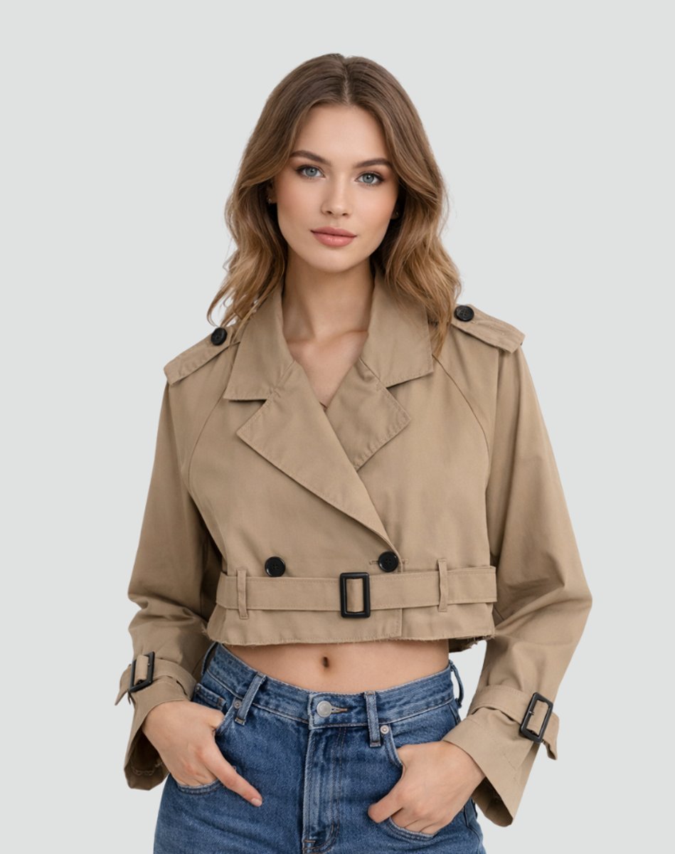 Women's Short Belted Double-Breasted Trench Overcoat
