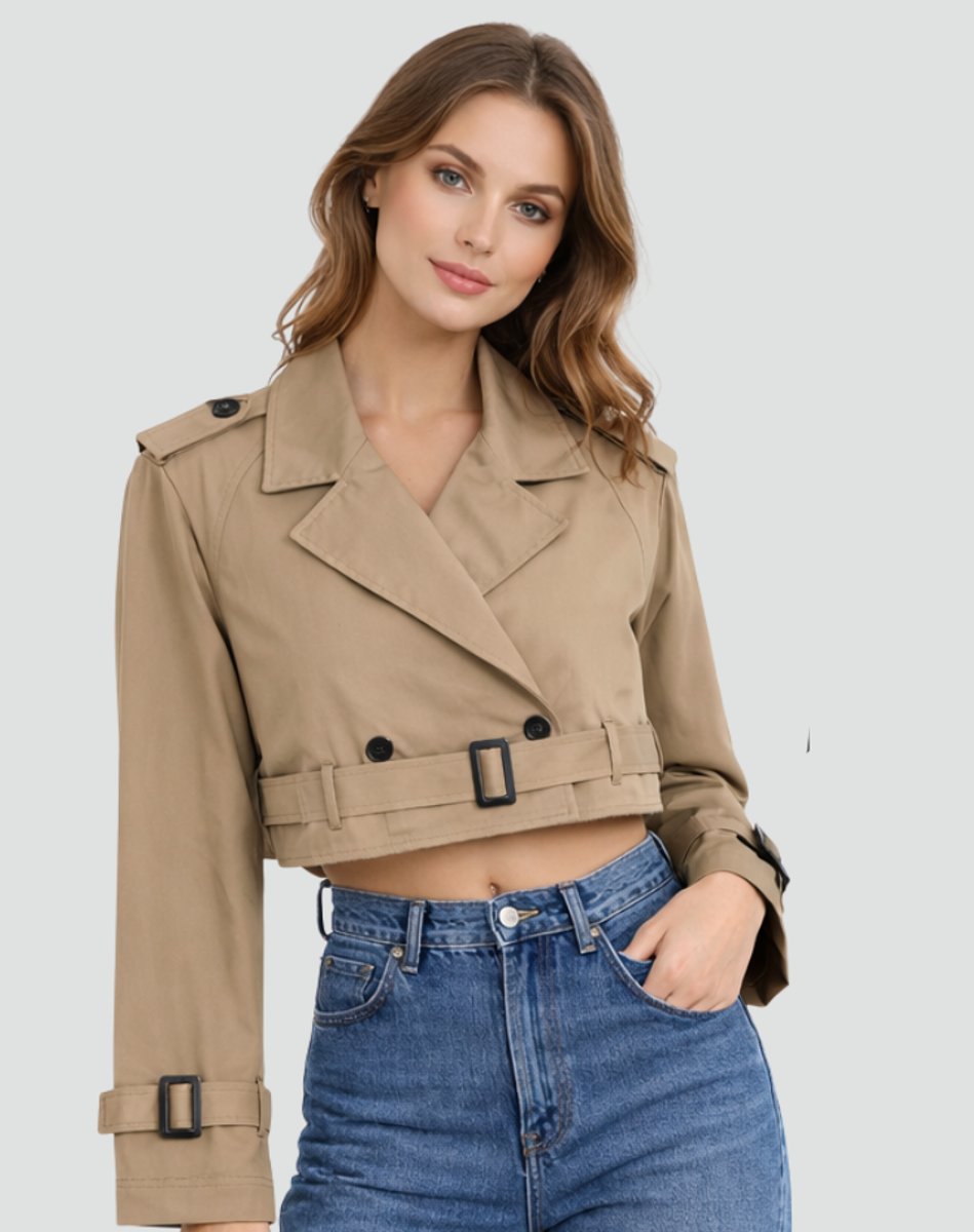 Women's Short Belted Double-Breasted Trench Overcoat