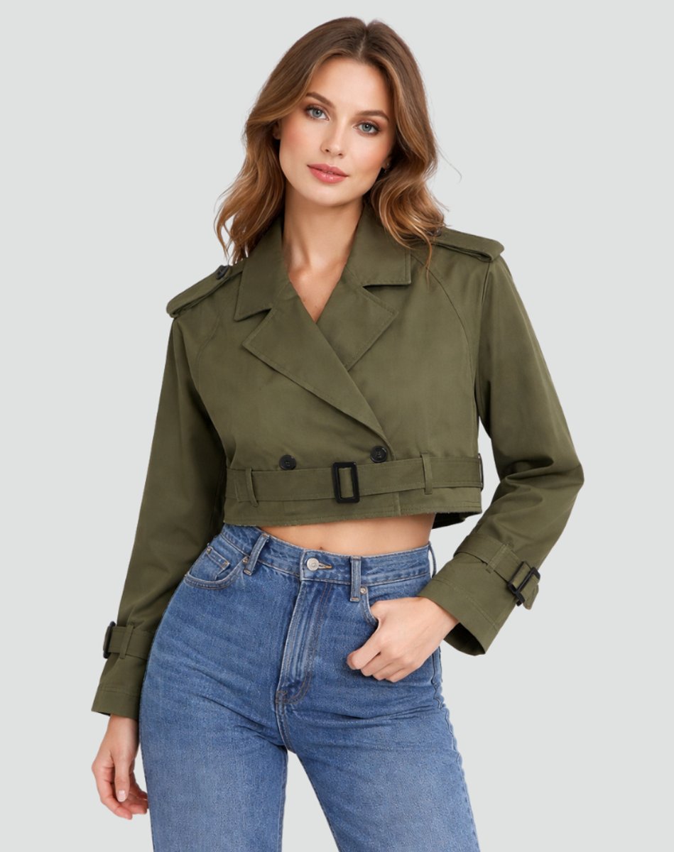 Women's Short Belted Double-Breasted Trench Overcoat