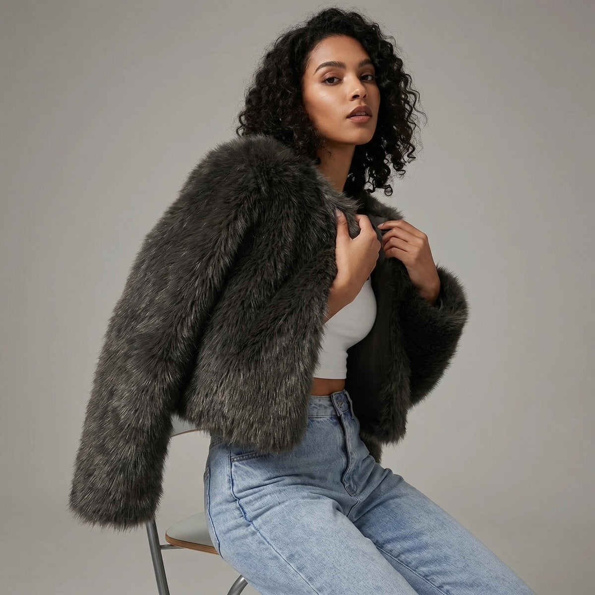 Women's Short Faux Fur Open Cardigan Coat