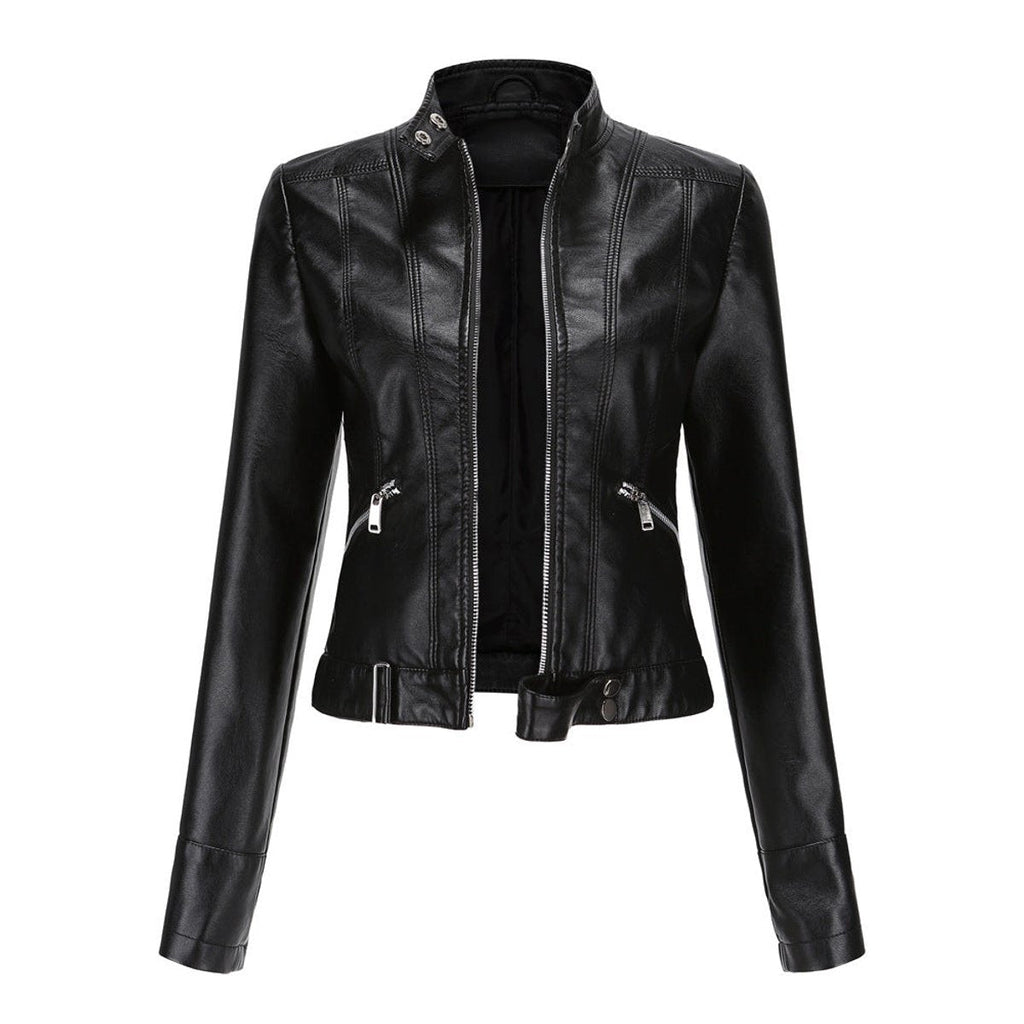 Women's Vegan Leather Stand-Collar Short Moto Jacket