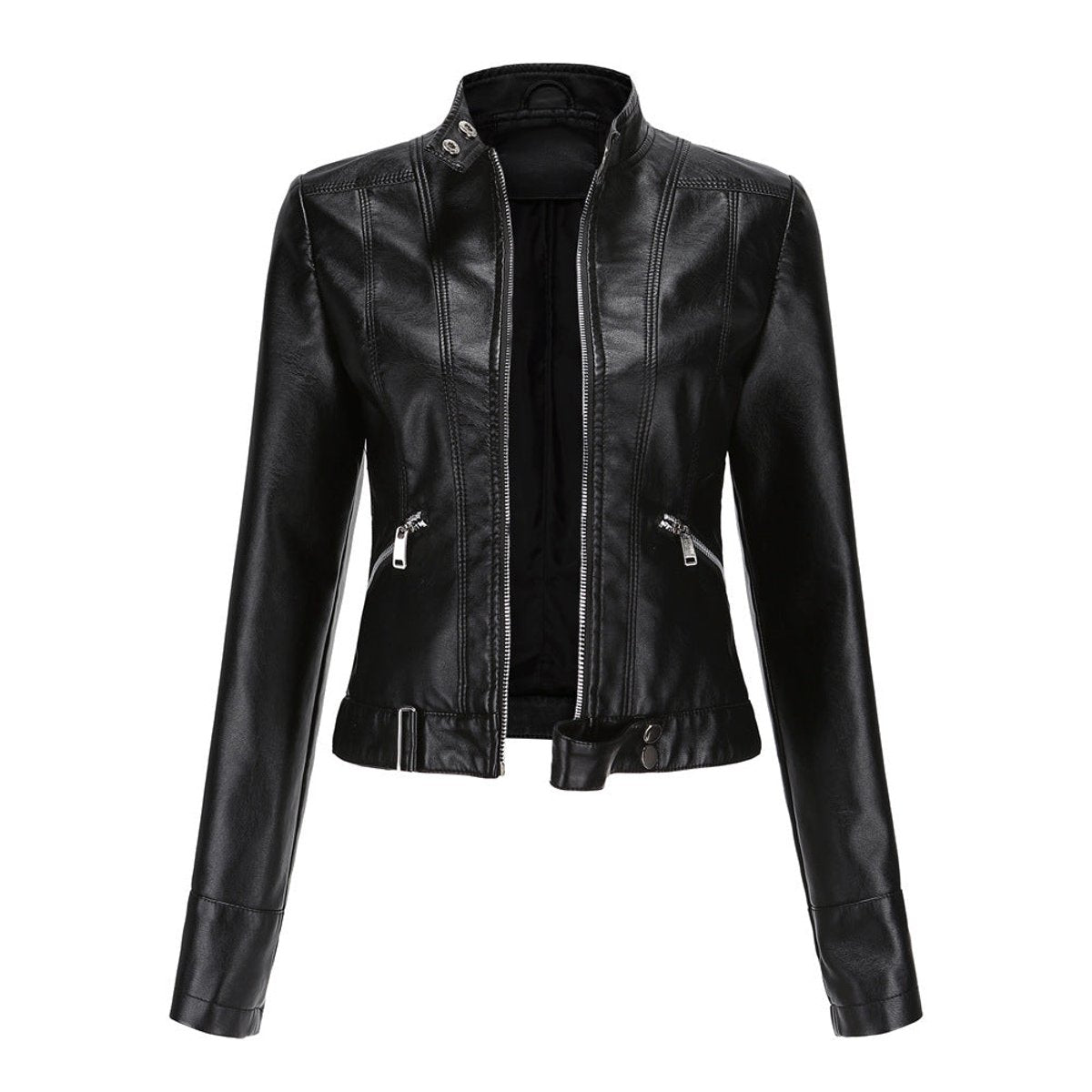 Women's Vegan Leather Stand-Collar Short Moto Jacket