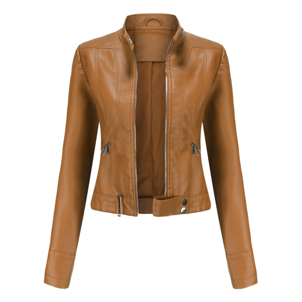 Women's Vegan Leather Stand-Collar Short Moto Jacket