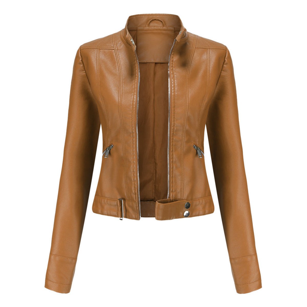 Women's Vegan Leather Stand-Collar Short Moto Jacket