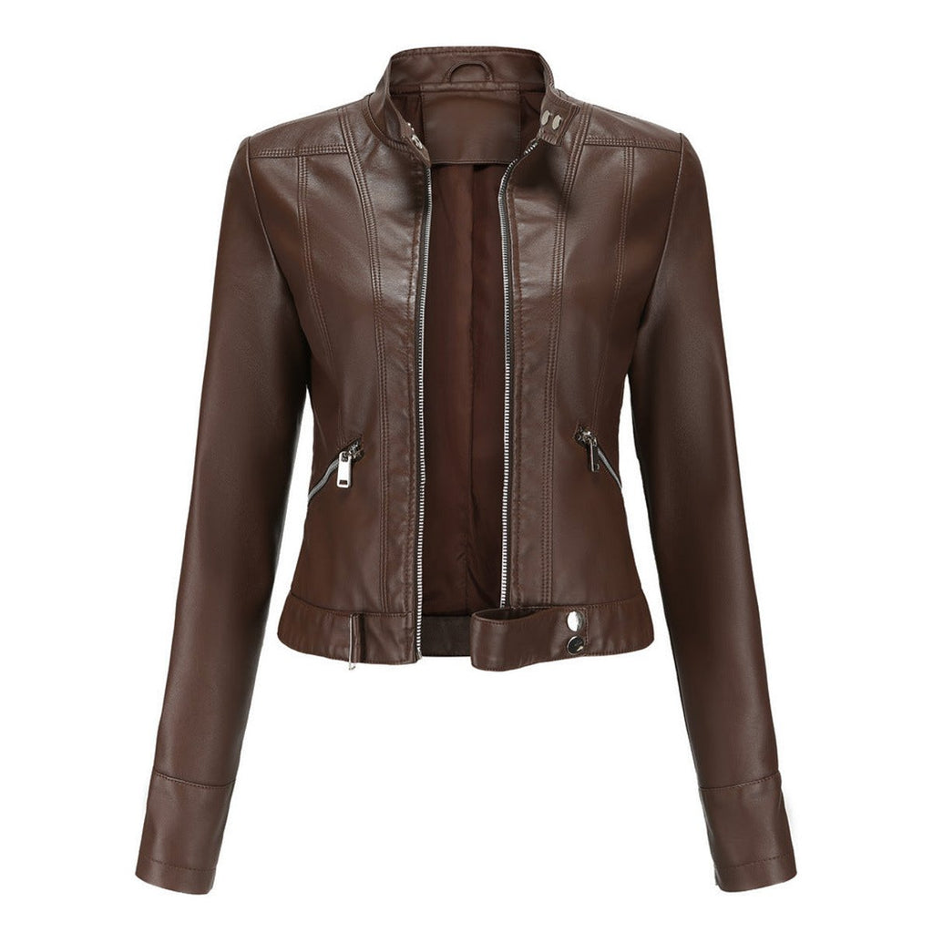 Women's Vegan Leather Stand-Collar Short Moto Jacket