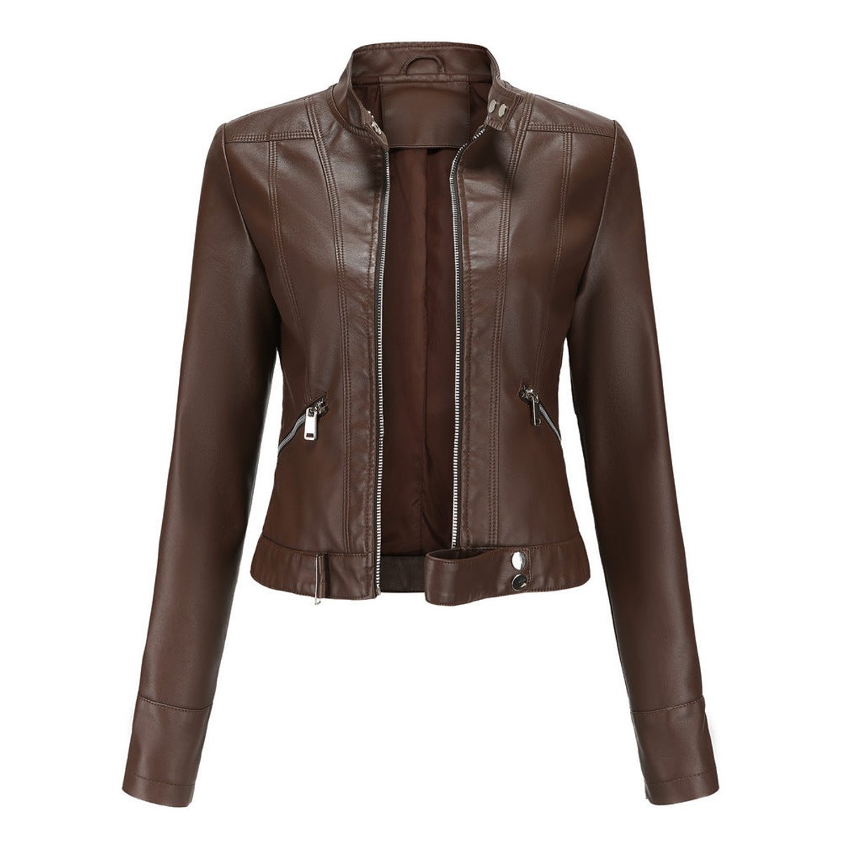 Women's Vegan Leather Stand-Collar Short Moto Jacket
