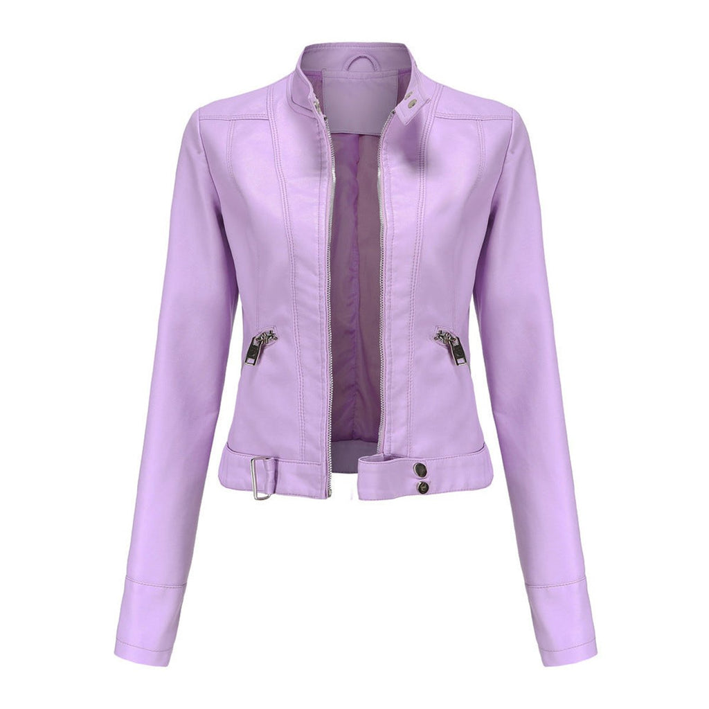 Women's Vegan Leather Stand-Collar Short Moto Jacket