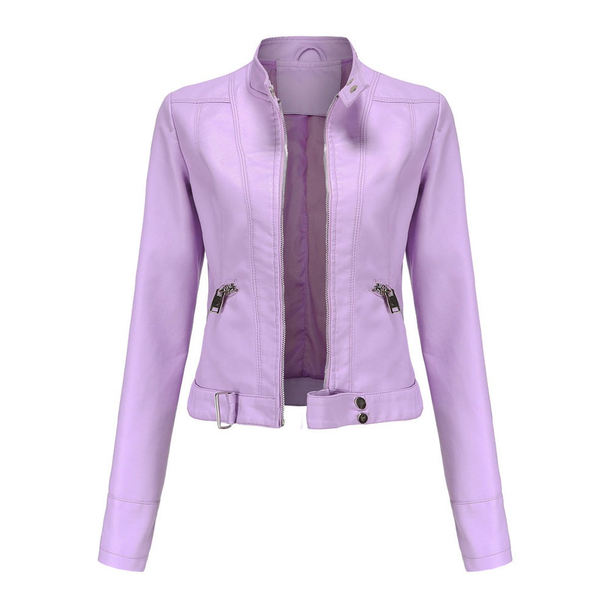 Women's Vegan Leather Stand-Collar Short Moto Jacket