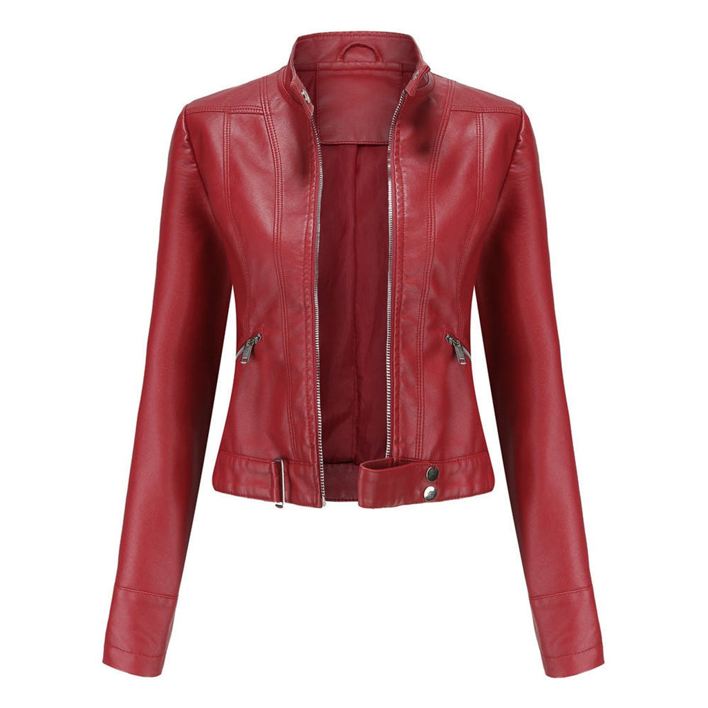 Women's Vegan Leather Stand-Collar Short Moto Jacket
