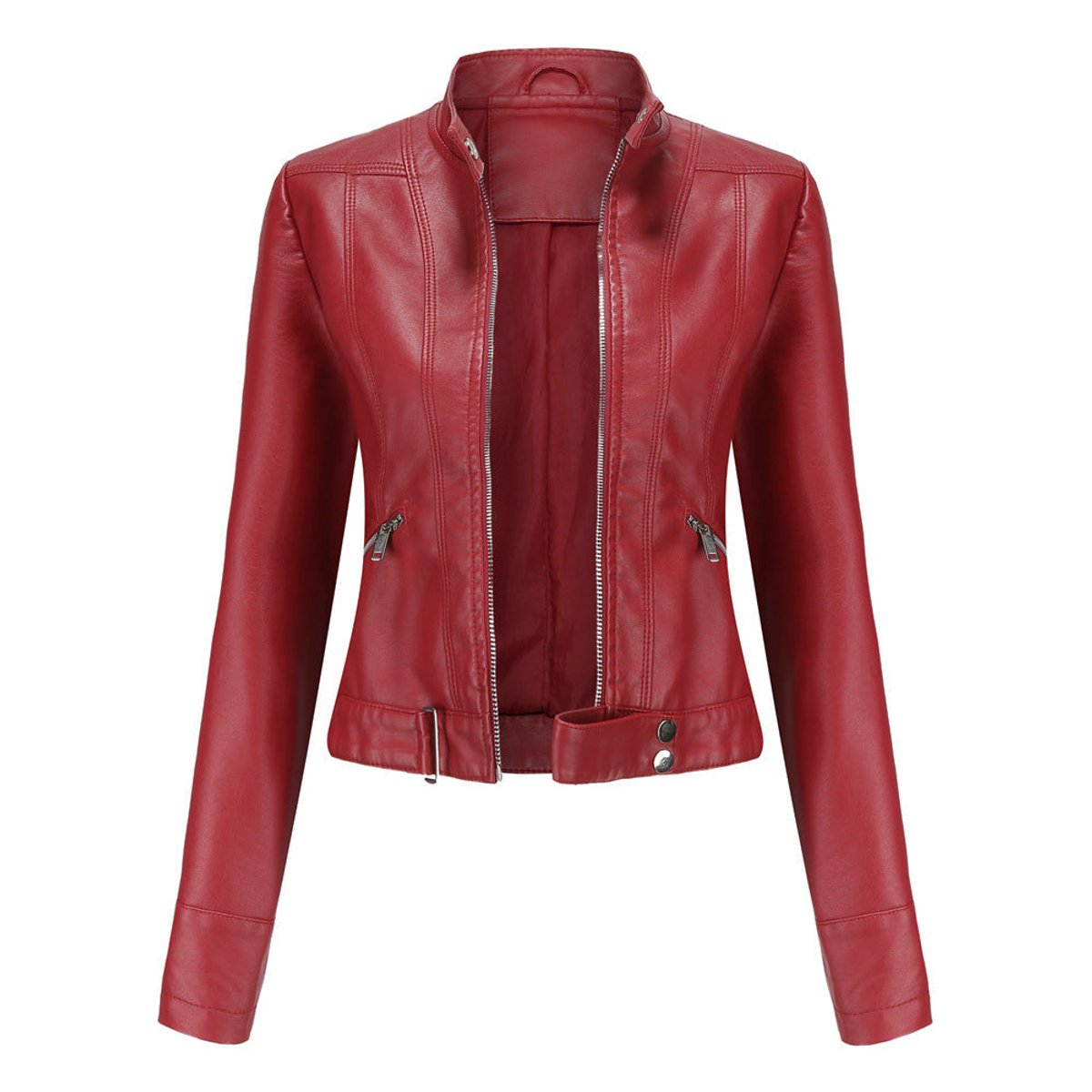 Women's Vegan Leather Stand-Collar Short Moto Jacket