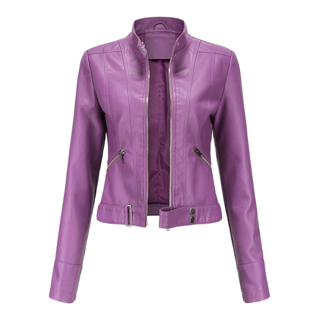 Women's Vegan Leather Stand-Collar Short Moto Jacket