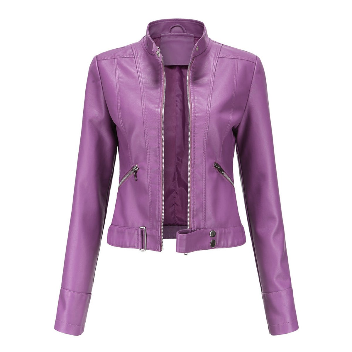 Women's Vegan Leather Stand-Collar Short Moto Jacket