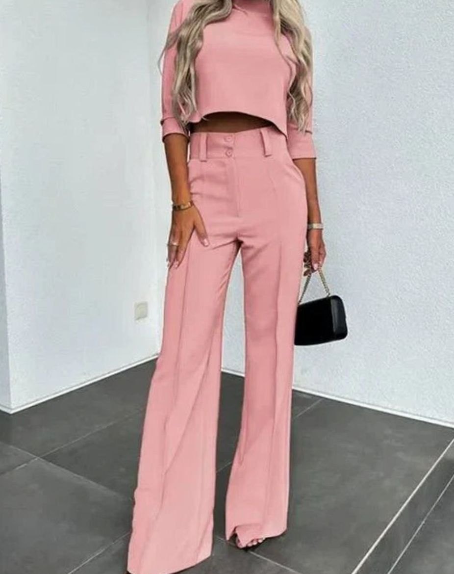 Women's High-Waisted Wide Leg Pants Mock Neck Set