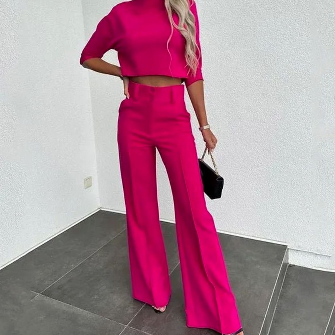 Women's High-Waisted Wide Leg Pants Mock Neck Set