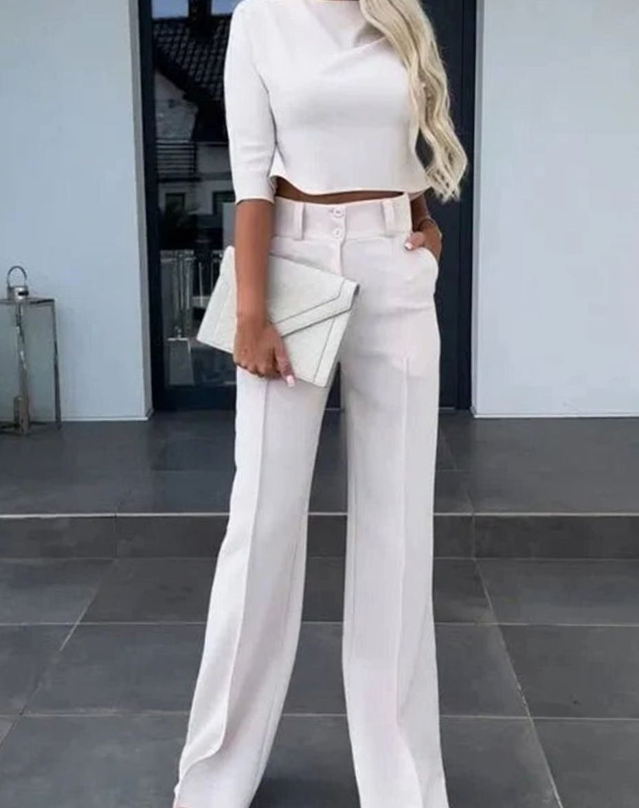 Women's High-Waisted Wide Leg Pants Mock Neck Set