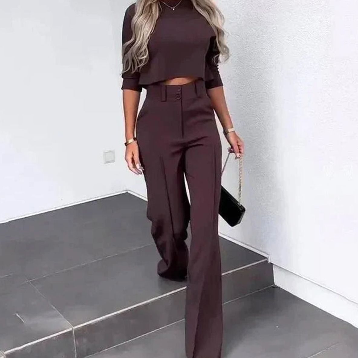 Women's High-Waisted Wide Leg Pants Mock Neck Set