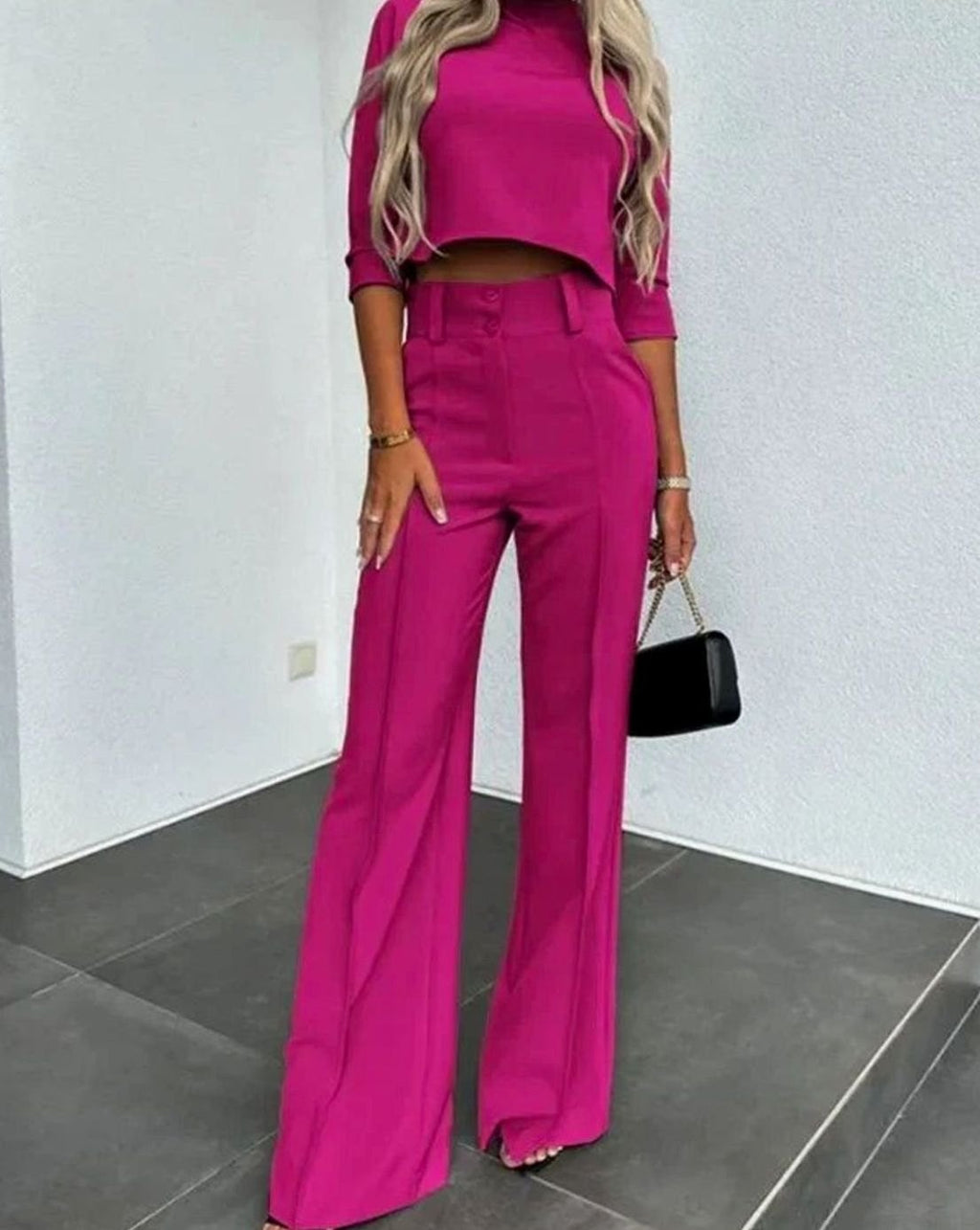Women's High-Waisted Wide Leg Pants Mock Neck Set