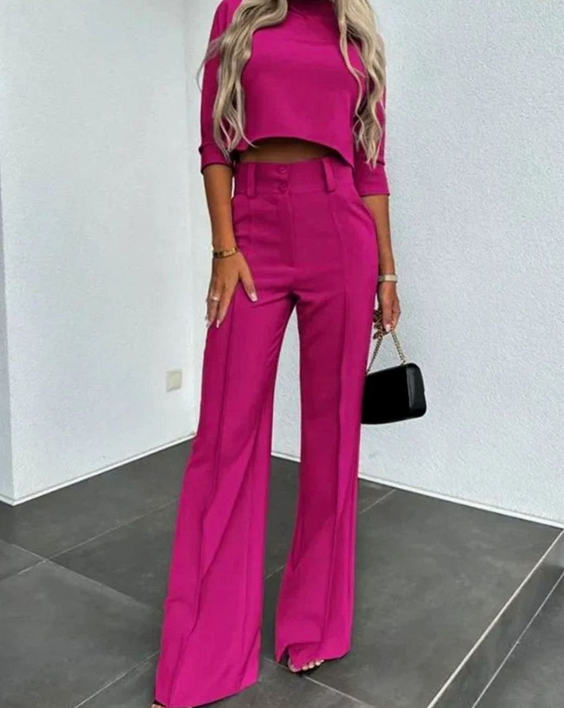 Women's High-Waisted Wide Leg Pants Mock Neck Set
