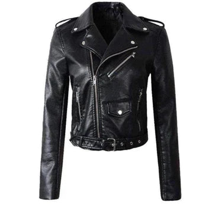 Women's Belted Moto-Style Short Vegan Leather Jacket