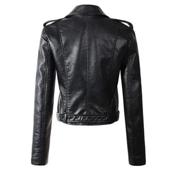 Women's Belted Moto-Style Short Vegan Leather Jacket