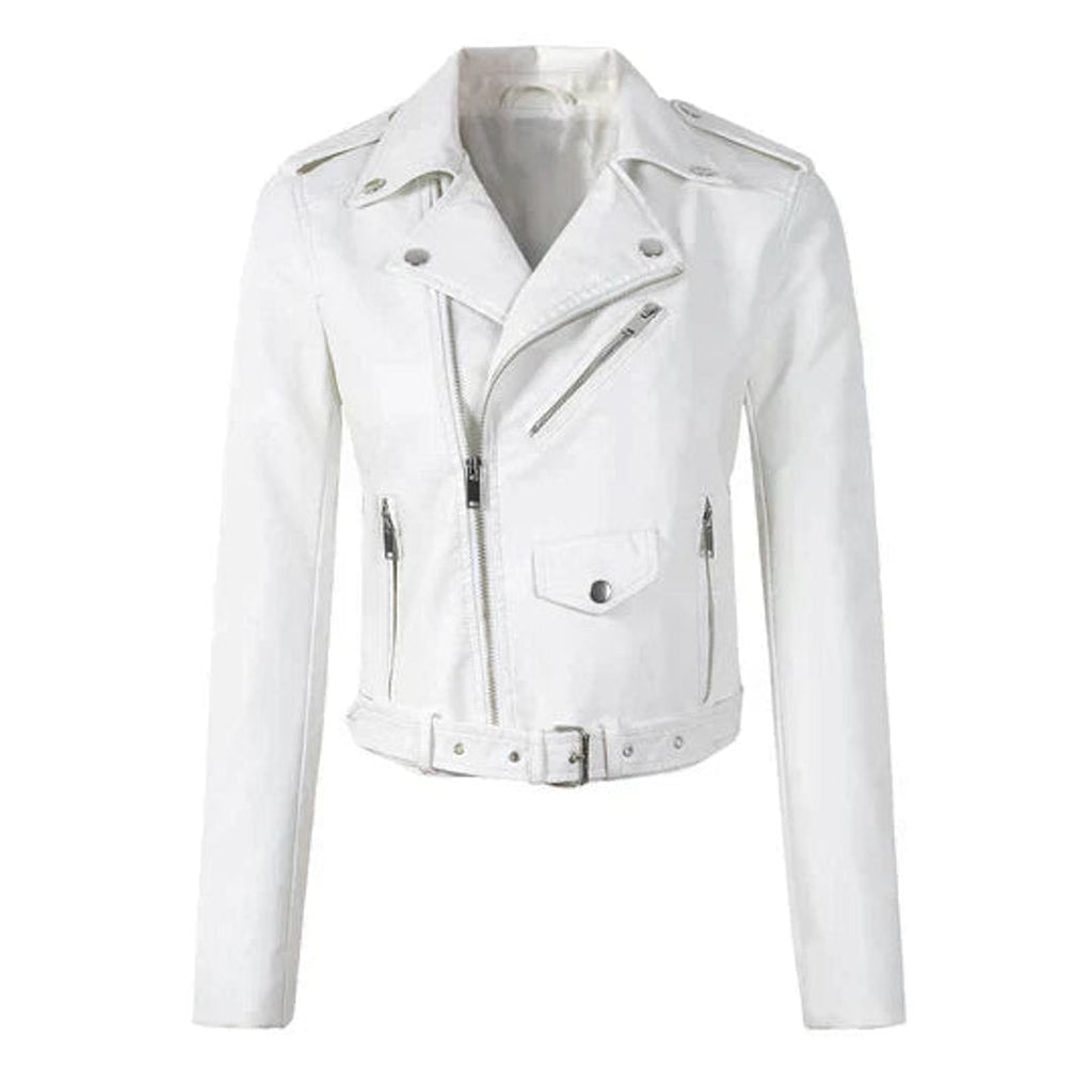 Women's Belted Moto-Style Short Vegan Leather Jacket