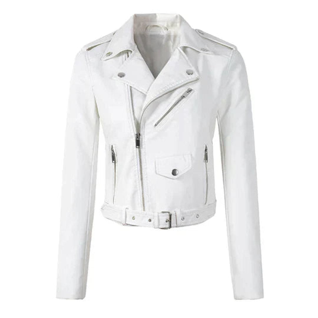 Women's Belted Moto-Style Short Vegan Leather Jacket