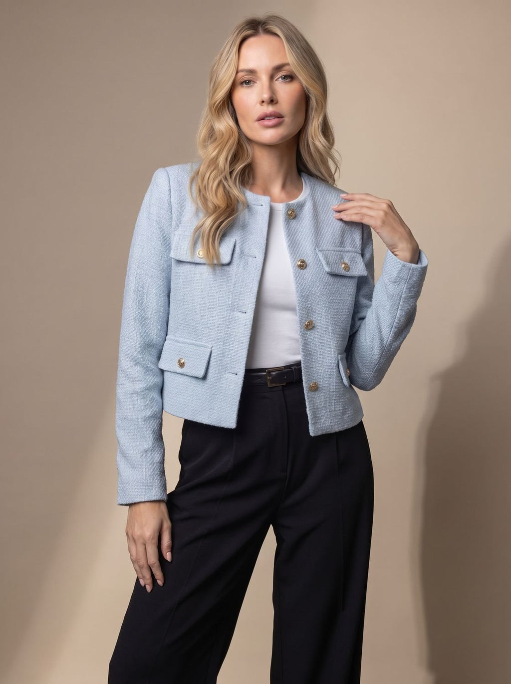 Women's Collarless Waist-Length Tweed Tailored Jacket