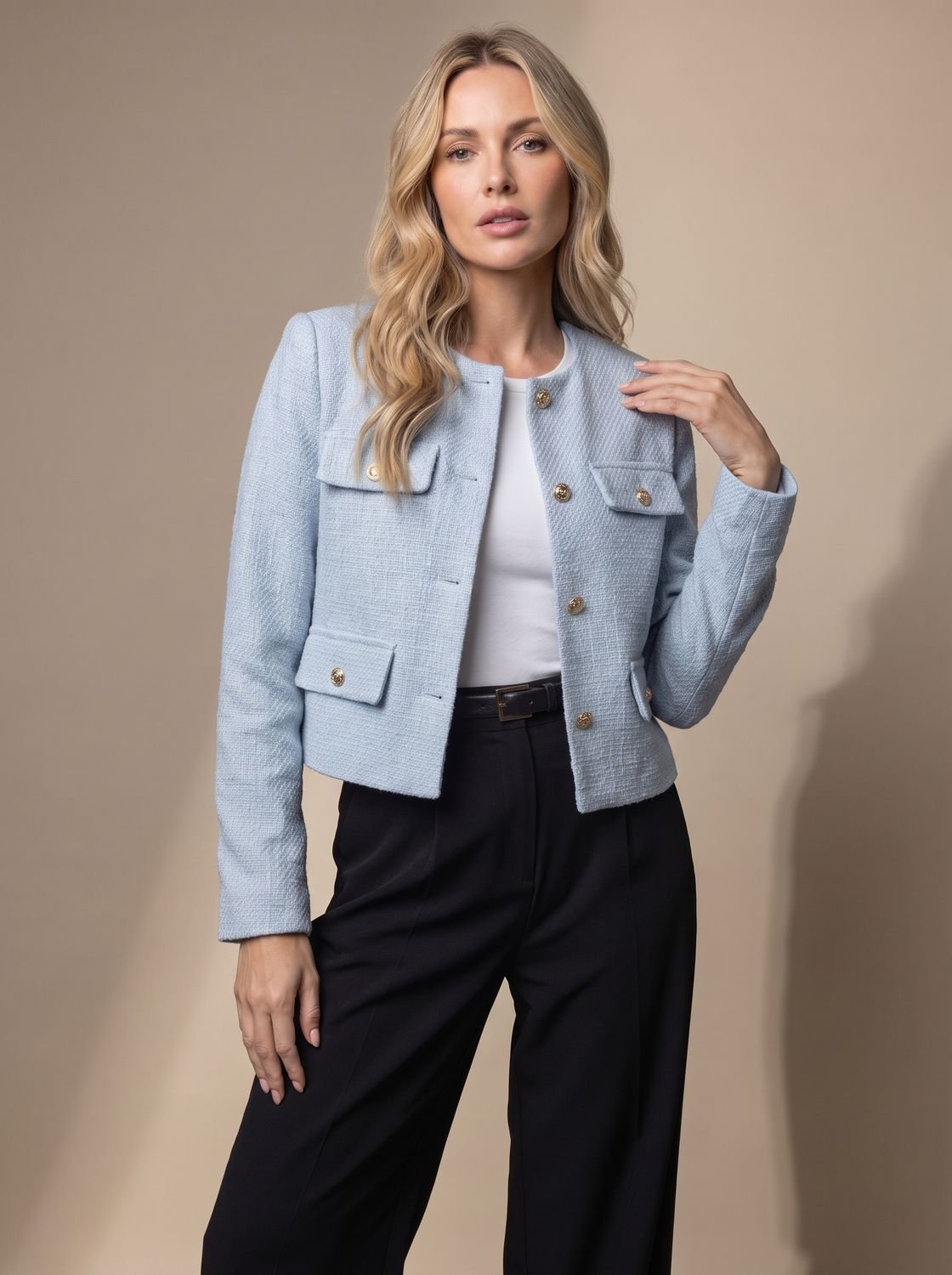 Women's Collarless Waist-Length Tweed Tailored Jacket