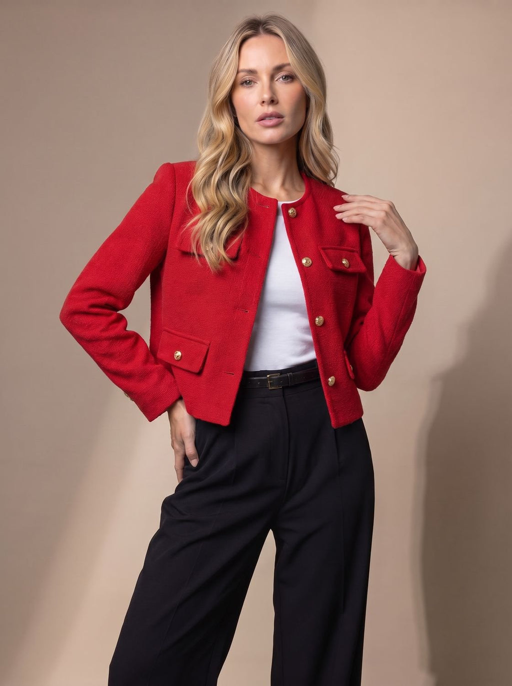 Women's Collarless Waist-Length Tweed Tailored Jacket