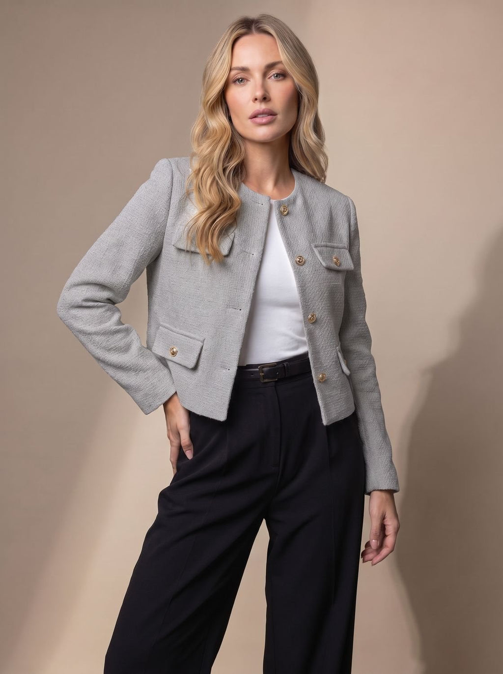 Women's Collarless Waist-Length Tweed Tailored Jacket