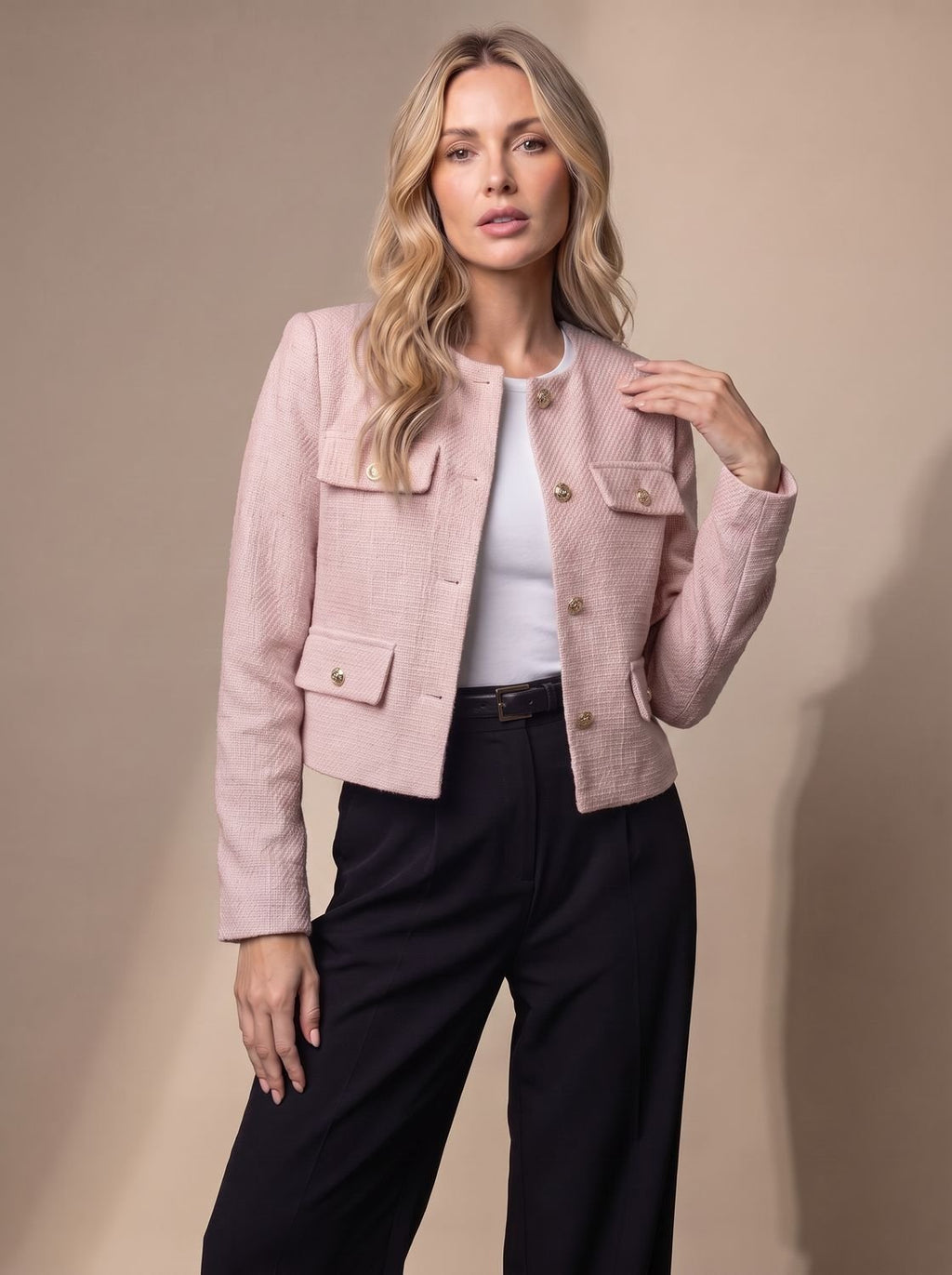 Women's Collarless Waist-Length Tweed Tailored Jacket