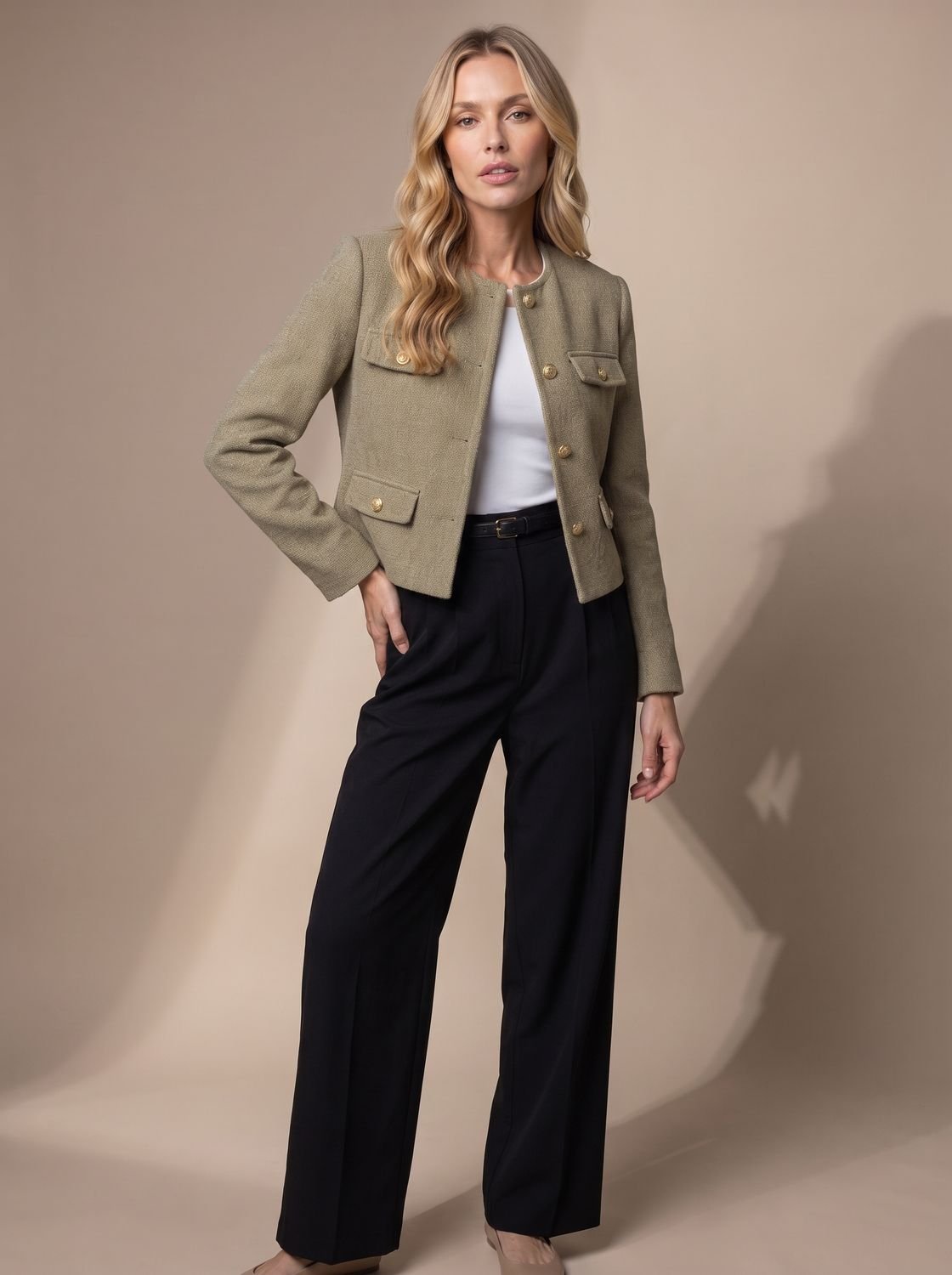 Women's Collarless Waist-Length Tweed Tailored Jacket