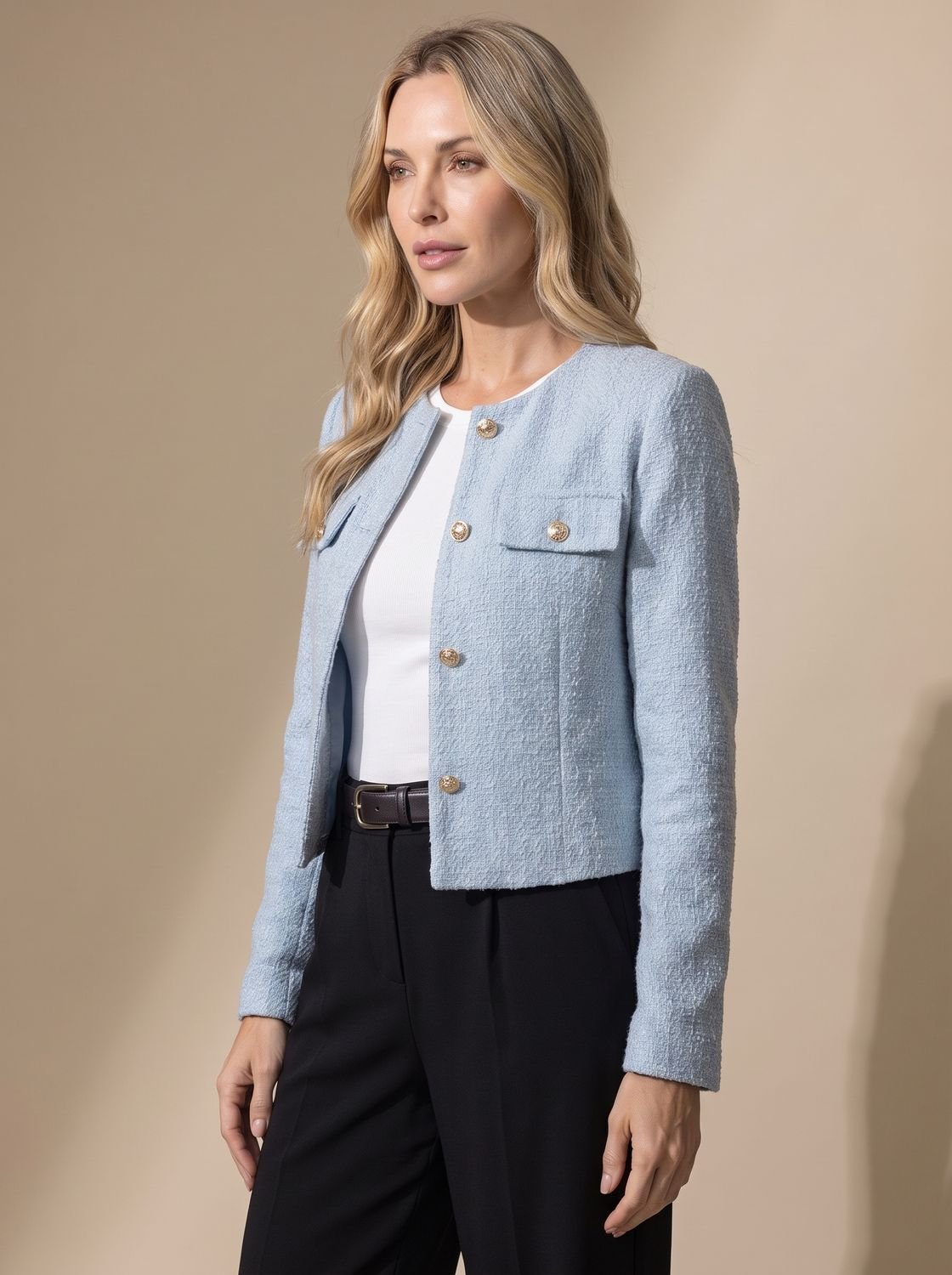 Women's Collarless Waist-Length Tweed Tailored Jacket