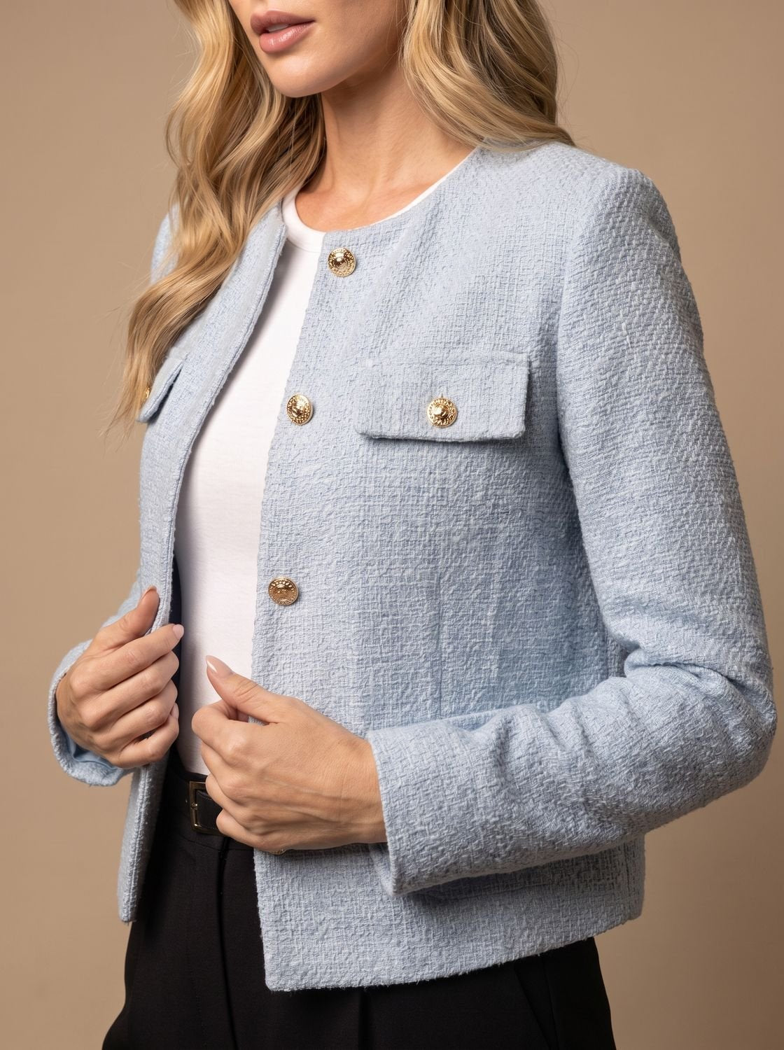 Women's Collarless Waist-Length Tweed Tailored Jacket