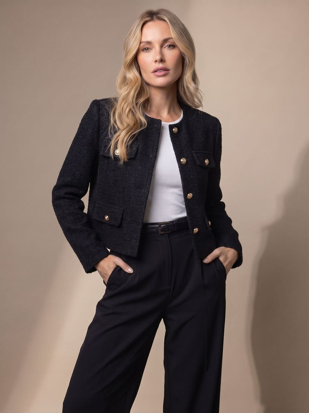 Women's Collarless Waist-Length Tweed Tailored Jacket
