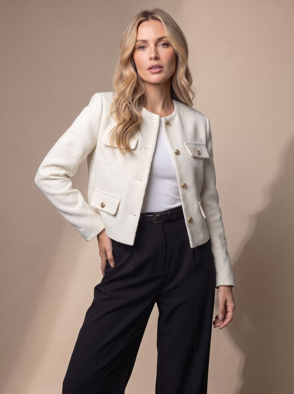Women's Collarless Waist-Length Tweed Tailored Jacket